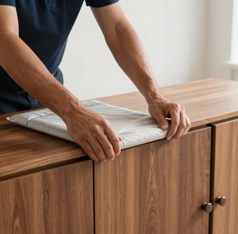 Close-up of a uniformed mover's hands carefully securing a protective padded wrap around the edge of a high-end wooden credenza, bright natural light, clean modern interior.