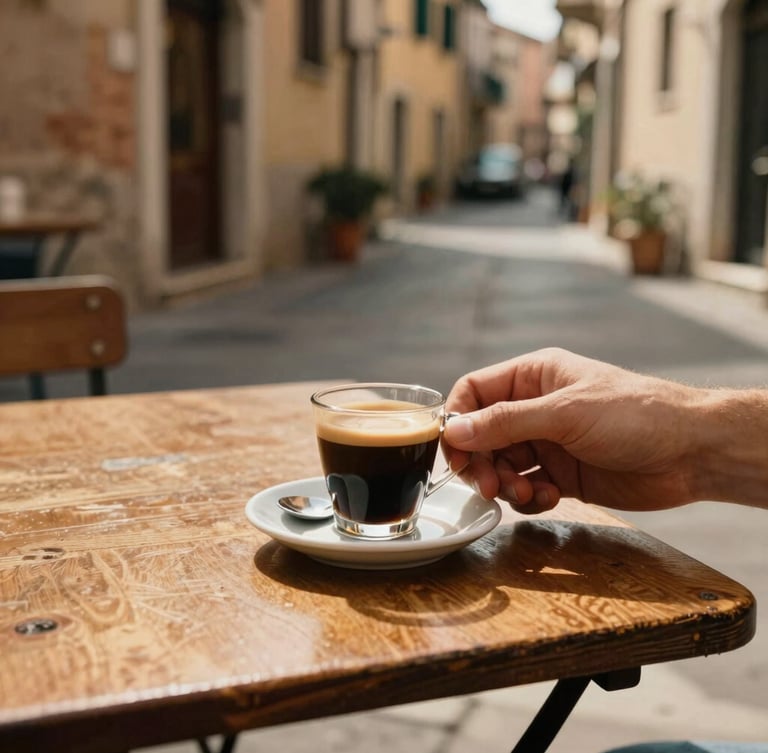 A close-up of a hand holding a fresh espresso at a tiny wooden table in a sun-drenched Italian alleyway, warm 35mm film aesthetic