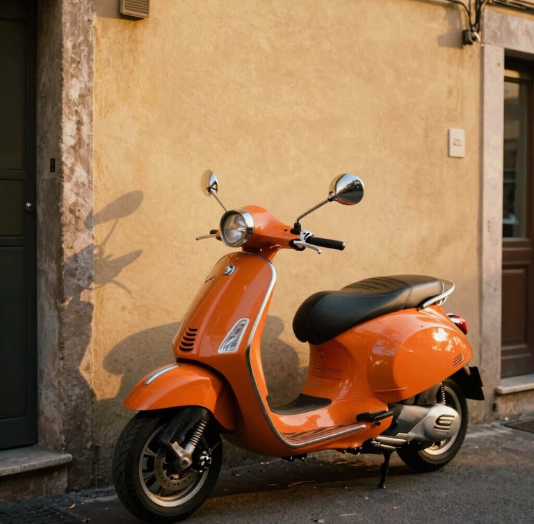A vintage orange Vespa parked against a warm, sun-drenched plaster wall in a narrow Italian alleyway, cinematic golden-hour light, 35mm film aesthetic.