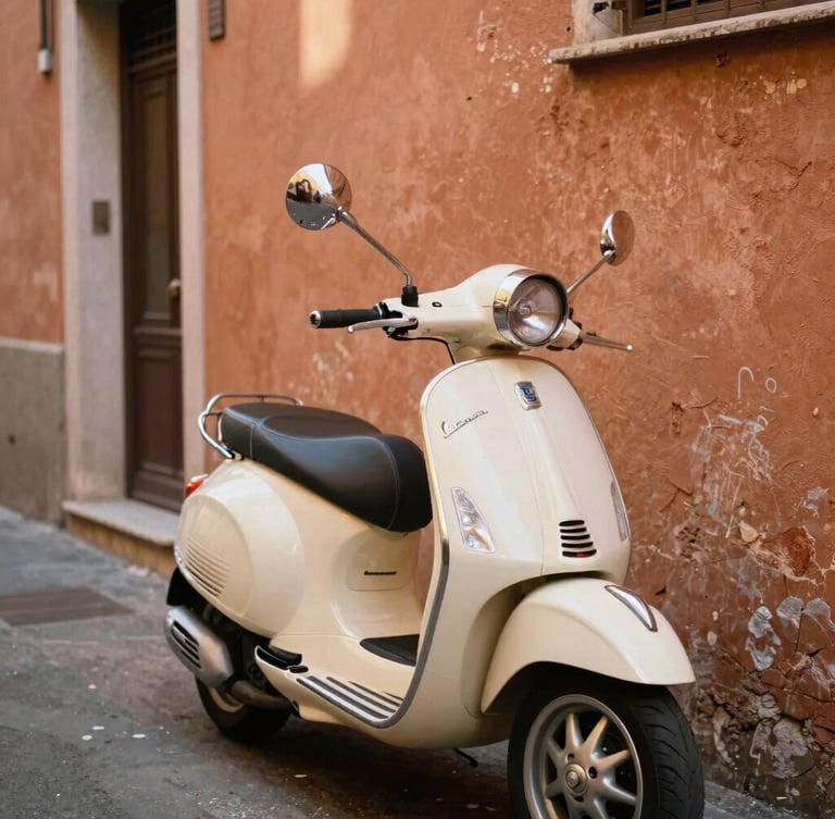 A vintage cream Vespa parked against a sun-drenched, textured terracotta wall in a narrow Italian alleyway, warm morning light, cinematic 35mm film aesthetic.