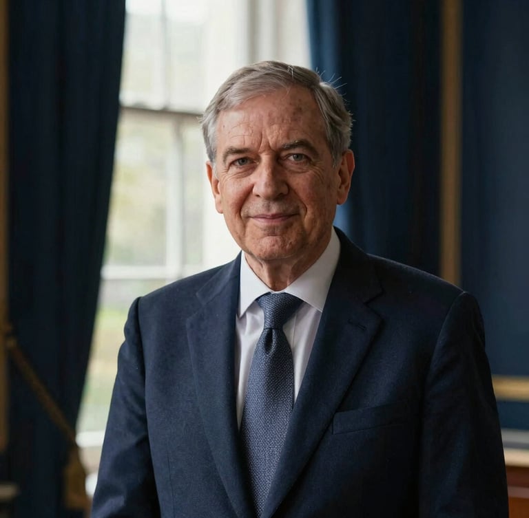 Dignified portrait of a British diaspora community leader, warm natural window light, deep navy background, classic composition, 35mm lens.