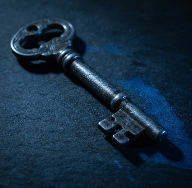 Macro close-up of a heavy physical steel key casting a sharp shadow on a dark matte surface, cinematic blue directional light, 35mm