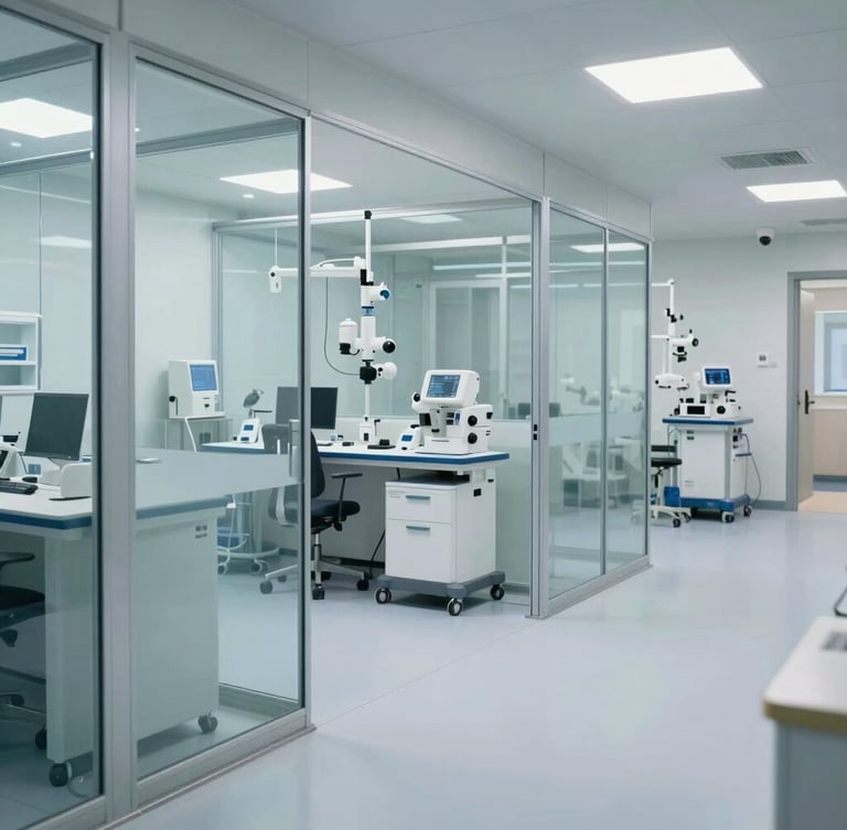 Panoramic wide shot of a high-tech corporate OSGB clinical environment, clean glass partitions, professional medical equipment visible in the background, cool natural lighting.