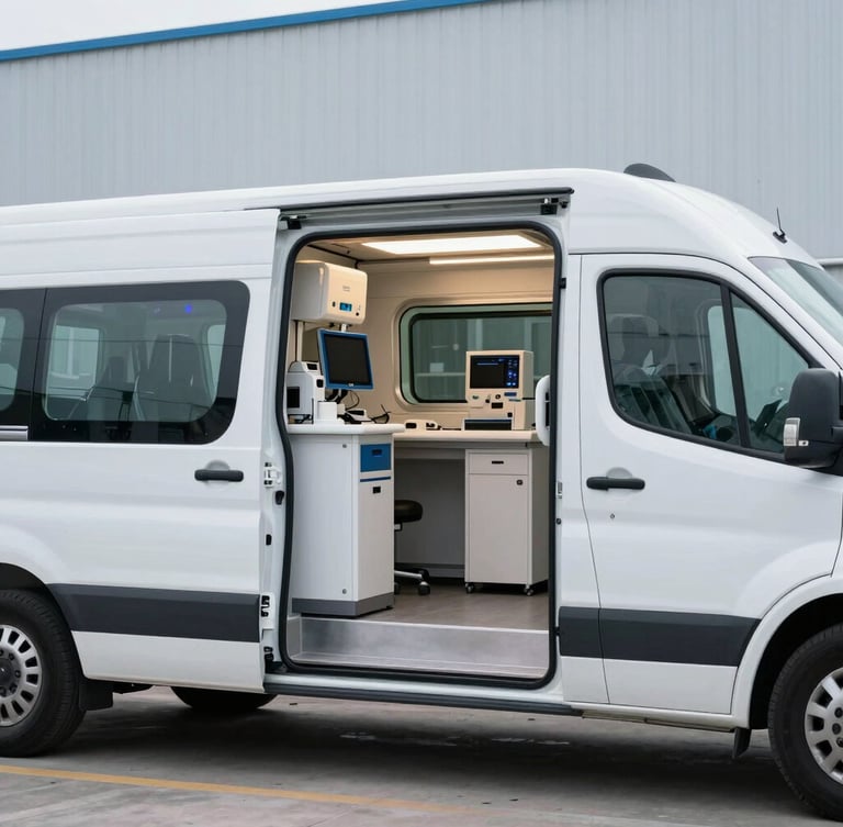 Modern mobile health screening vehicle parked outside a clean high-tech industrial plant, clinical equipment visible inside the open door, professional lighting.