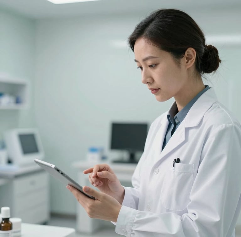 Modern medical clinic interior, a professional workplace physician in a clean white coat reviewing health data on a tablet, soft clinical lighting, professional and reassuring atmosphere