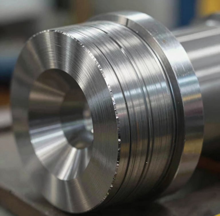 Close-up of a physical machined steel component showing precise circular toolpaths, sharp workshop lighting, metallic reflections.