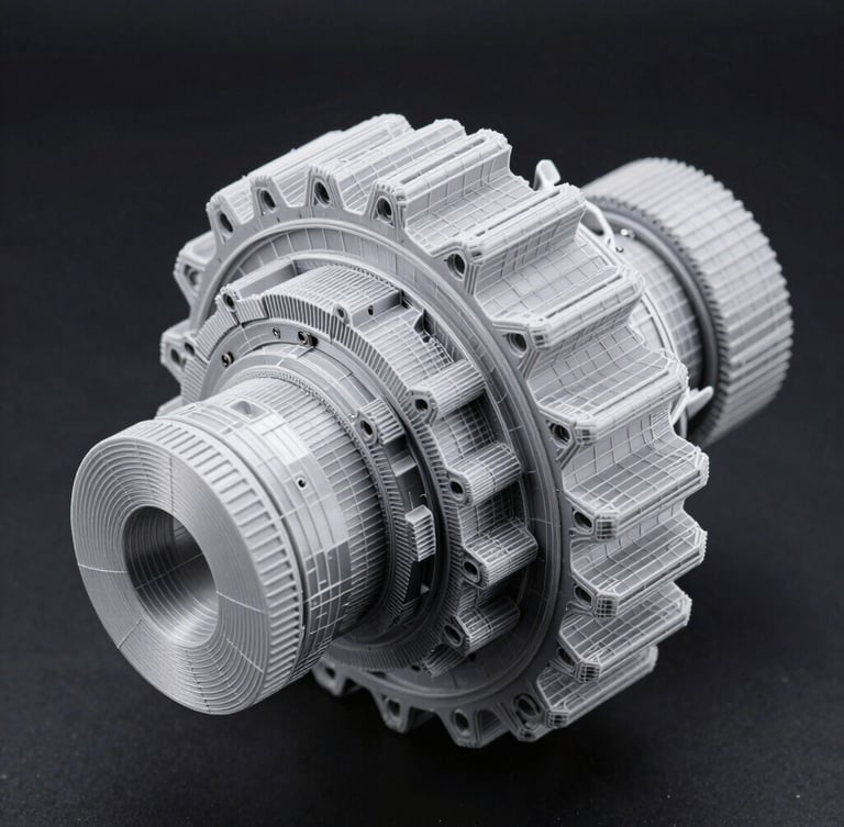 Macro close-up of a 3D CAD wireframe model of a planetary gearbox, clinical white lines on dark background, high precision engineering detail.