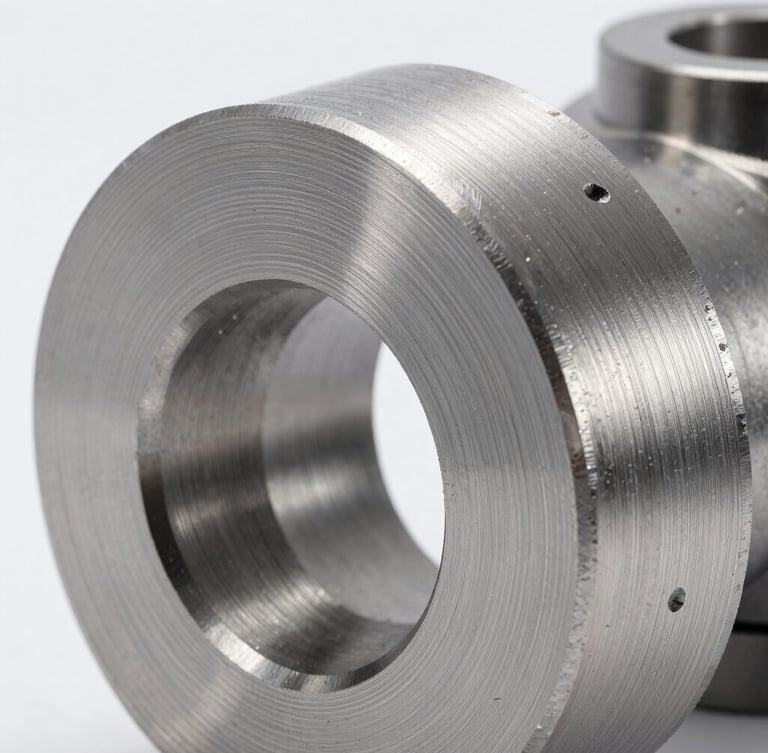 Macro close-up of a CNC machined steel component, visible circular toolpaths on the metal surface, clinical bright studio lighting, high precision engineering.