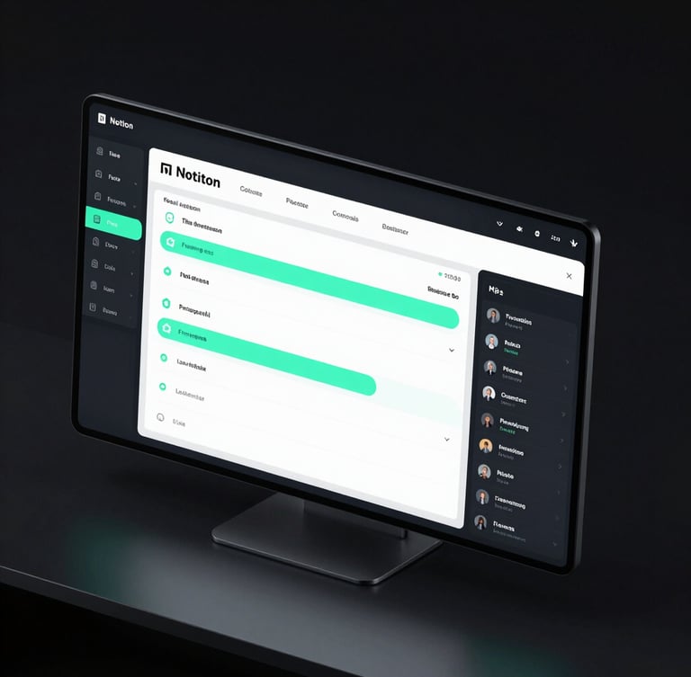 Sleek 3D render of a Notion dashboard with project management data, crisp neon mint accents, dark mode, clean isometric perspective, on a modern desk with ambient low-key lighting, UI elements clearly visible, wide aspect.