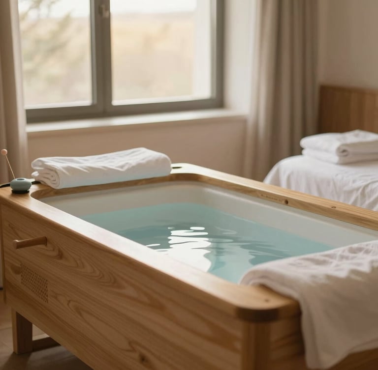 A spacious birth suite with a warm wooden birthing pool, soft golden lighting from a window, clean linens, and supportive active birth tools, serene atmosphere.