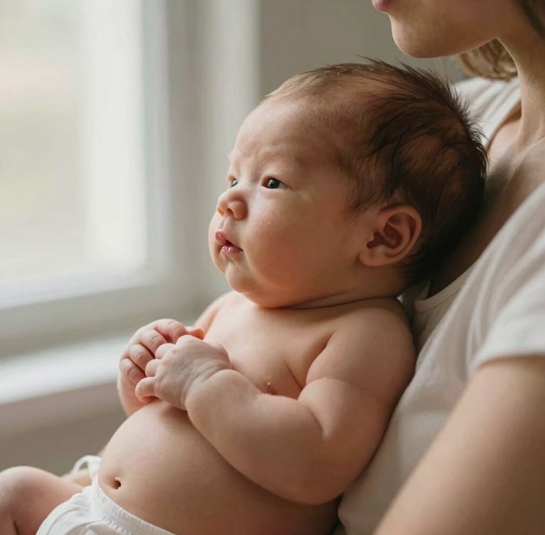 Close-up of a mother holding her newborn skin-to-skin under soft, warm window light, capturing an authentic moment of bonding, shallow depth of field.