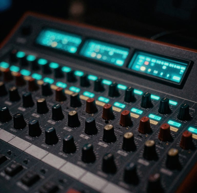 Moody close-up of analog studio mixing gear with glowing cyan neon backlights, dark saturated tones, raw 35mm photography.