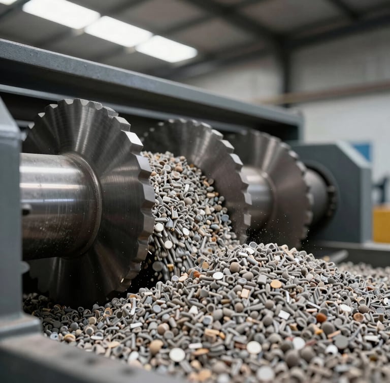 Close-up of industrial pelletizer blades cutting reprocessed plastic granules, high-contrast metallic textures, warehouse light.