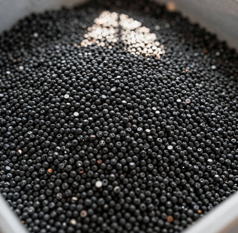 Macro close-up of uniform black reprocessed polymer granules in a heavy-duty container, sharp focus on consistent pellet texture, warehouse skylight casting high-contrast shadows, 35mm