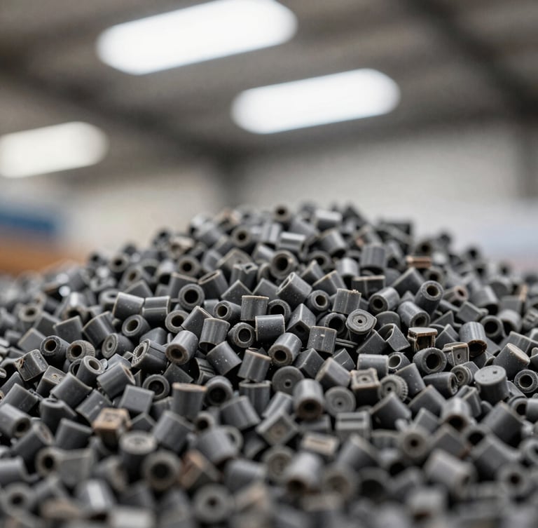 Macro close-up of uniform dark grey reprocessed plastic granules, sharp industrial focus, harsh warehouse skylight, 35mm