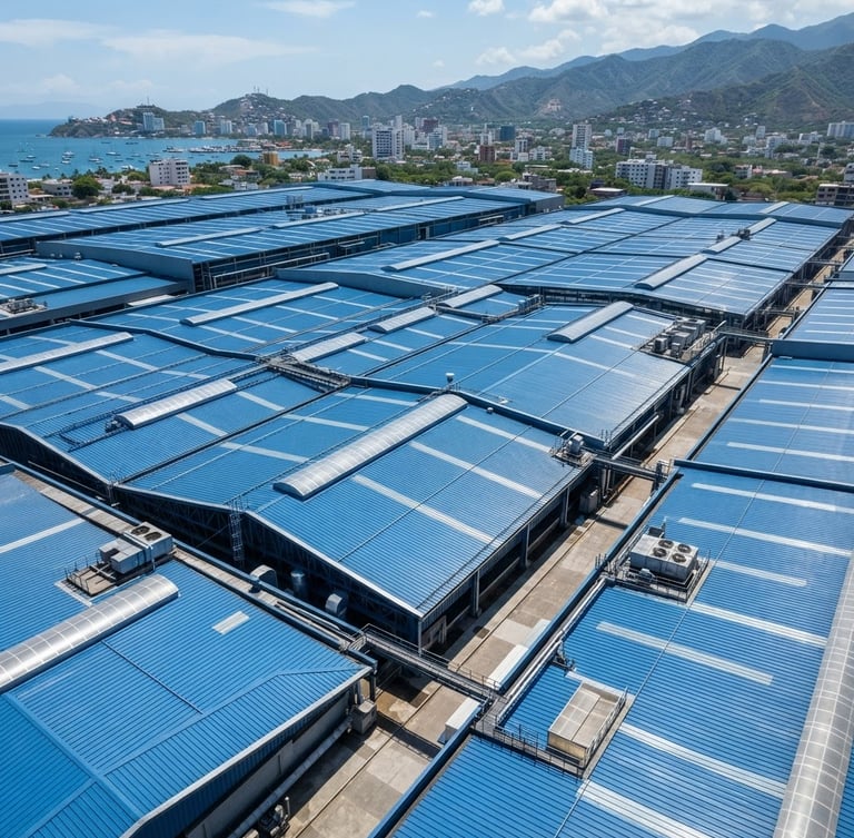 High-angle architectural shot of a massive industrial warehouse roof in Santa Marta, clean blue thermoacoustic panels reflecting bright coastal sun, sharp focus