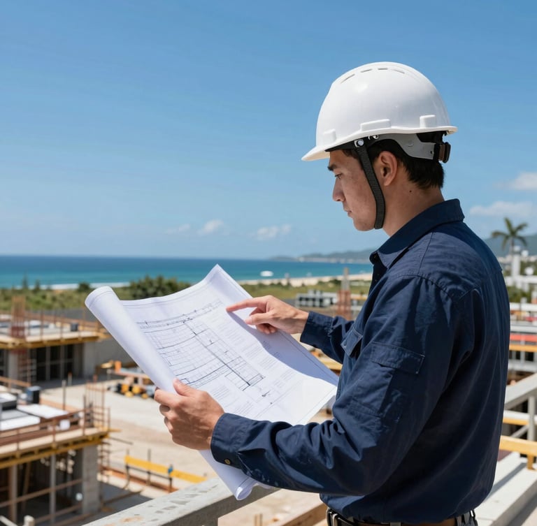 An engineer in a white hardhat pointing at a blueprint on a bright, sunny coastal construction site, sharp focus, technical style