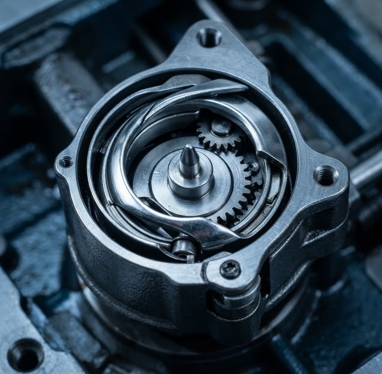 Close-up macro shot of a highly polished steel rotary hook, showing precise machining lines and intricate gears, under crisp industrial studio lighting with sharp metallic reflections, cool gray and deep blue tones, technical overhead angle.
