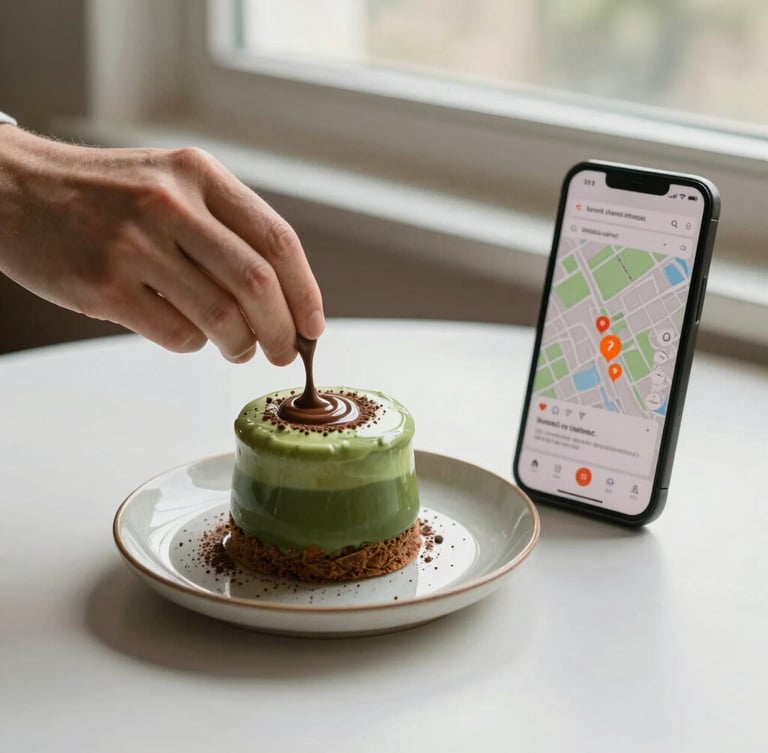 Primer plano cenital de manos espolvoreando cacao sobre un pastel saludable de matcha, luz natural suave de ventana, texturas táctiles, un teléfono celular al lado mostrando un mapa con pines de entrega naranjas.