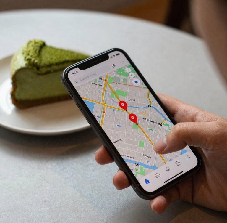 Close-up of a hand holding a smartphone displaying a map with active coral pins, next to a fresh matcha cake on a light gray table, warm natural light.