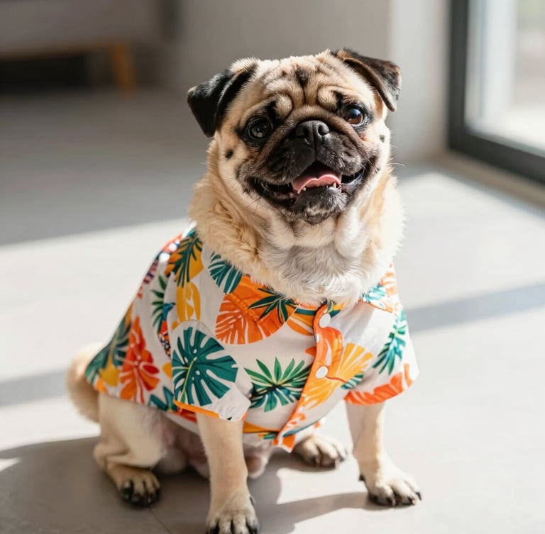 Bright natural pet photography, warm daylight, a happy pug with unique proportions wearing a custom-tailored colorful tropical shirt, sitting comfortably on a light gray floor, shallow depth of field, 35mm lens