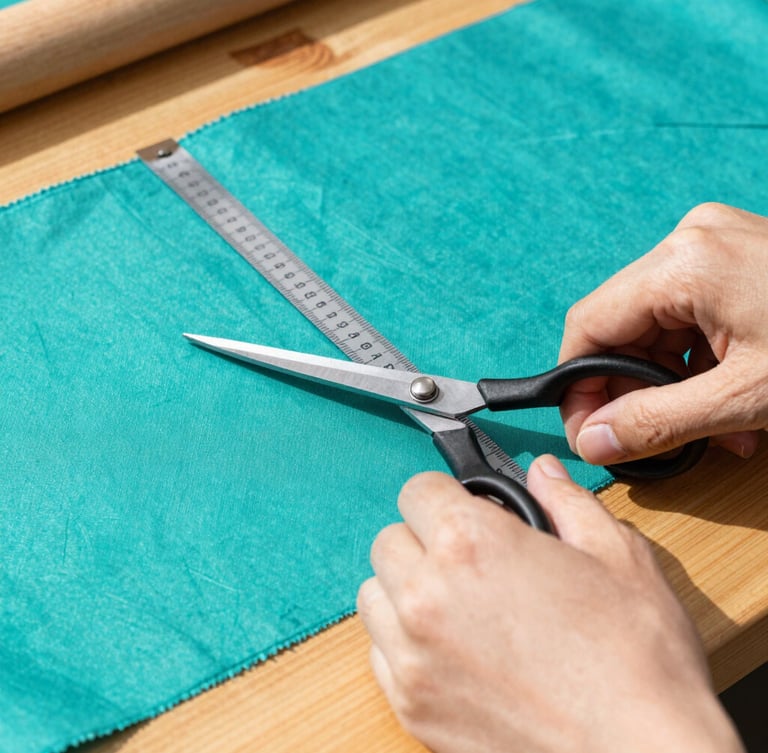 Close-up of artisan hands carefully measuring and cutting vibrant teal fabric with scissors on a wooden workshop table, warm morning sun filtering in