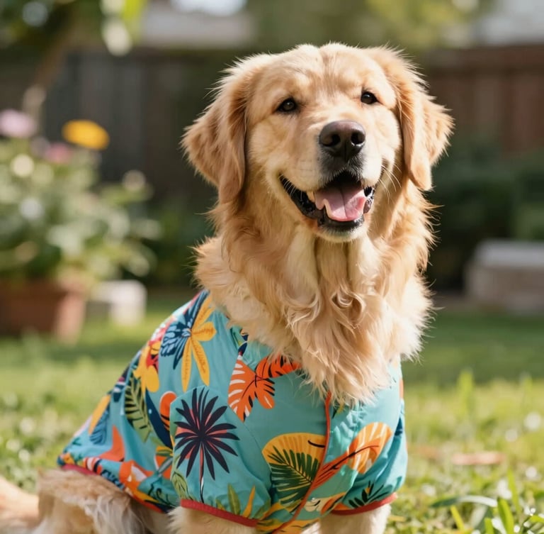 Eye-level shot of a happy golden retriever wearing a colorful tropical pet shirt, sitting in a bright garden, warm natural daylight, shallow depth of field