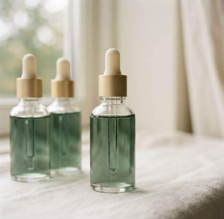 minimalist product photography of clean glass dropper bottles on a soft cream surface, soft natural window light, muted emerald tones, shallow depth of field, 35mm