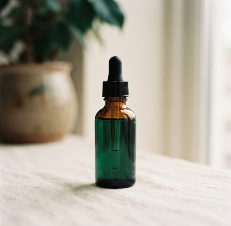 Minimalist product photography of a clean glass dropper bottle on a soft cream surface under natural window light, shallow depth of field, 35mm