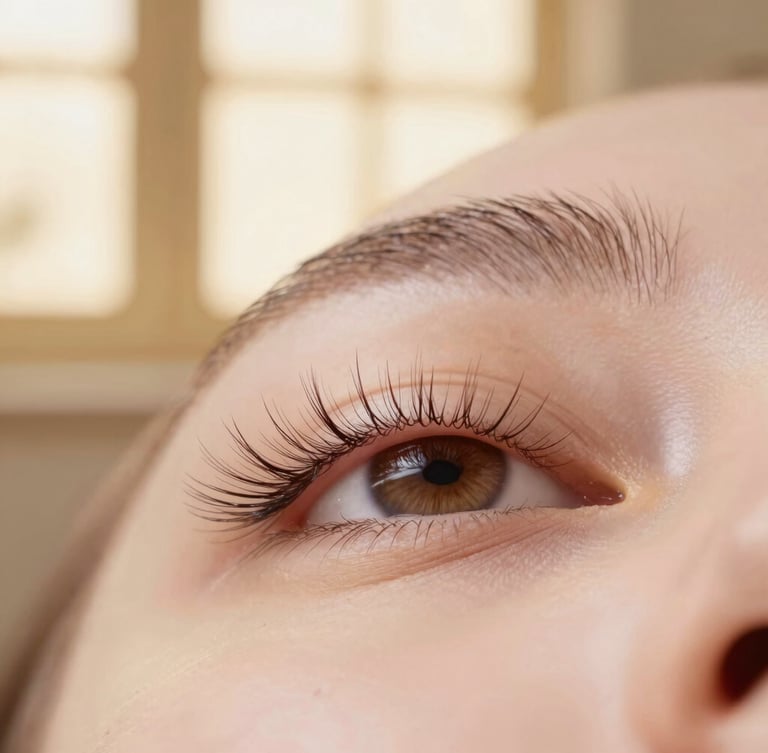 Detailed close-up of delicate lash extensions catching soft, high-key studio light, serene ivory and gold background, focus on the clean alignment and texture