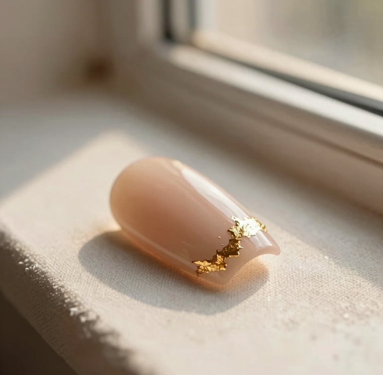 Extreme macro photograph of pristine gel nail art with delicate gold foil details, resting on soft ivory linen under warm, diffused golden-hour window light, shallow depth of field
