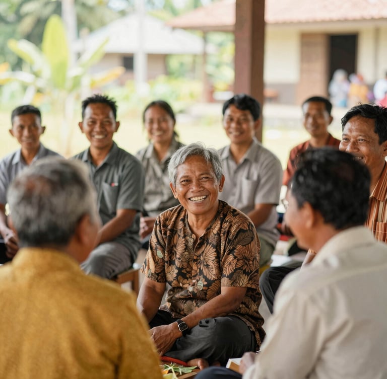 Candid medium shot of Indonesian village cooperative members smiling during a community meeting, bright warm natural daylight, organic tones, 35mm lens style