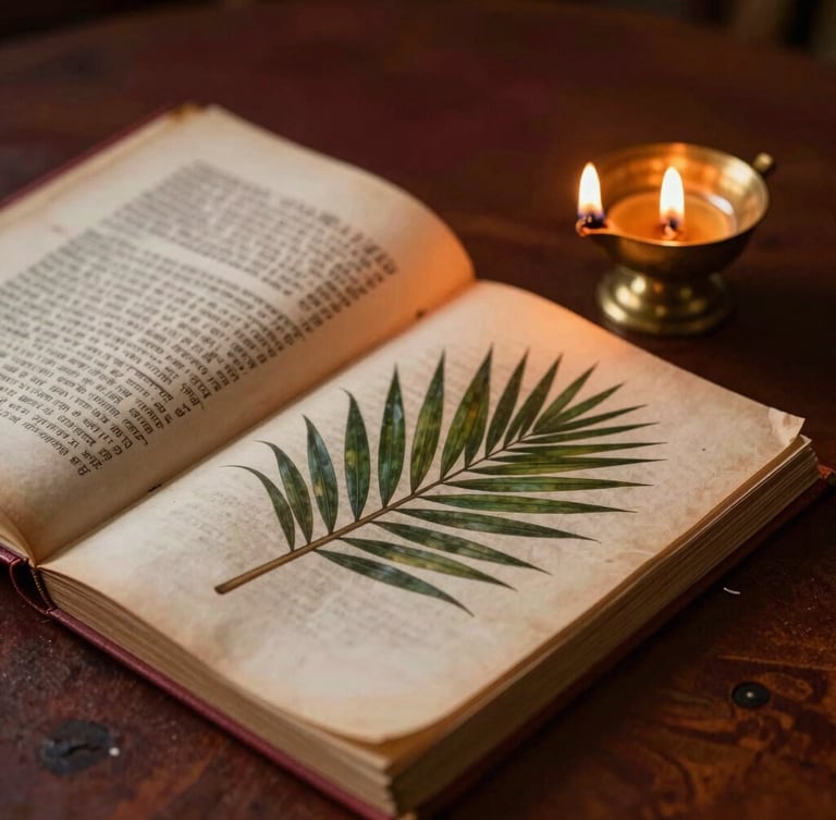 Ancient palm-leaf manuscripts, Granthas, resting on a dark wooden surface beside a brass oil lamp, low-key warm temple lighting, shallow depth of field.