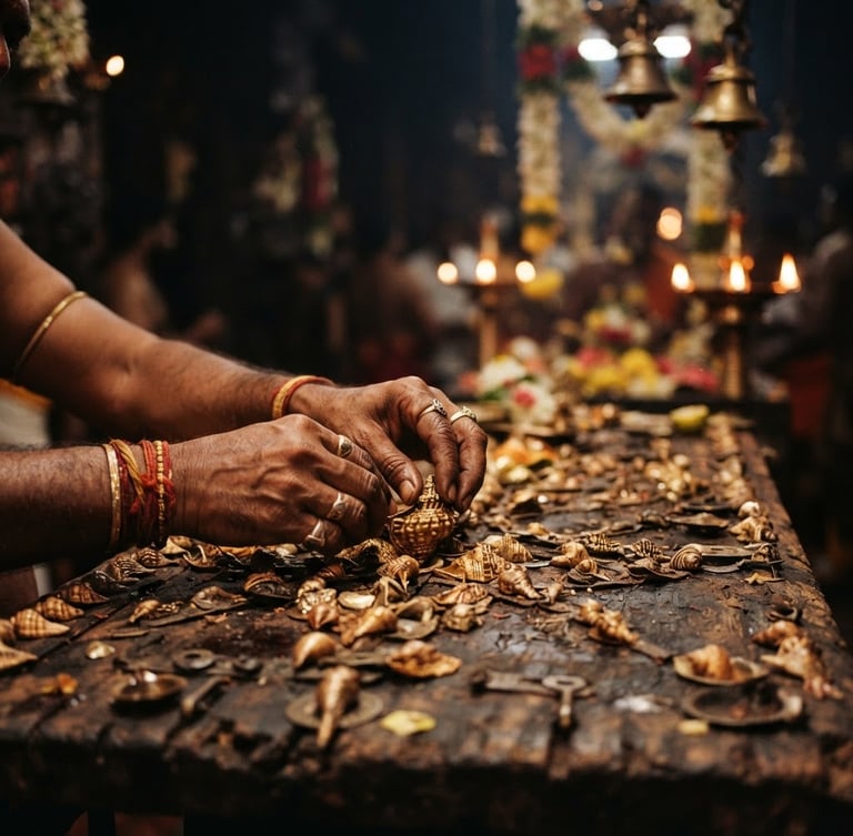 Close-up of hands arranging golden-brown kavadi shells on an ancient wooden board under flickering oil-lamp light, warm temple shadows, 35mm photography.