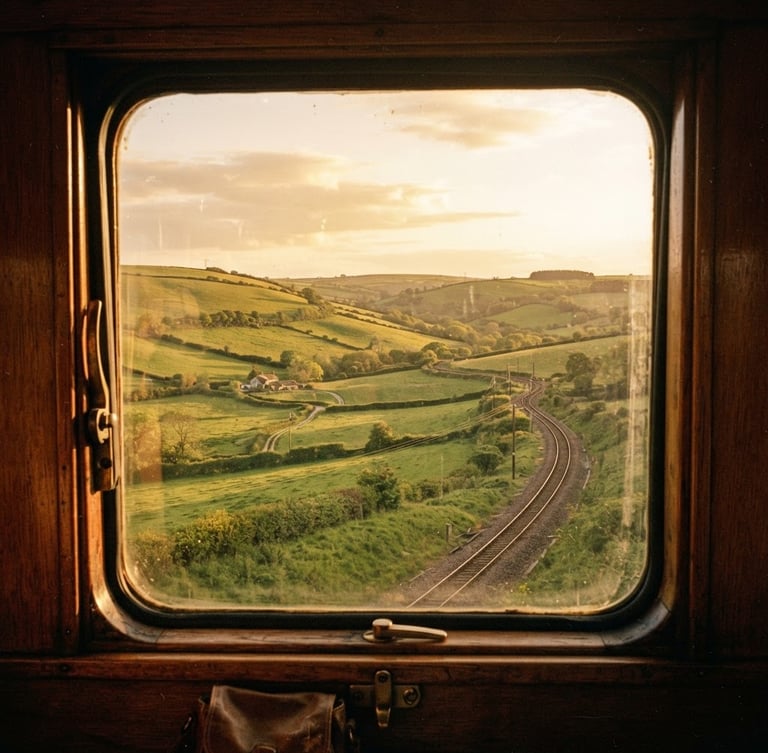Warm film photography of a vintage train window looking out onto rolling green hills, natural golden-hour daylight, heavy grain texture, 35mm lens, shallow depth of field