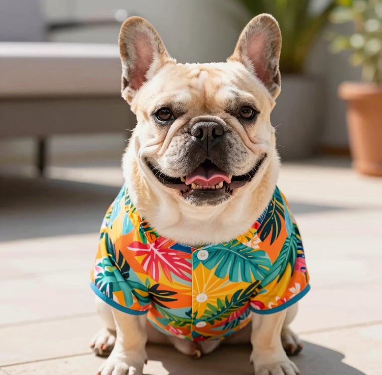 Eye-level portrait of a happy, chubby French Bulldog wearing a custom-fitted colorful tropical shirt, sitting comfortably on a sunny patio, bright natural daylight, warm editorial photography, 35mm