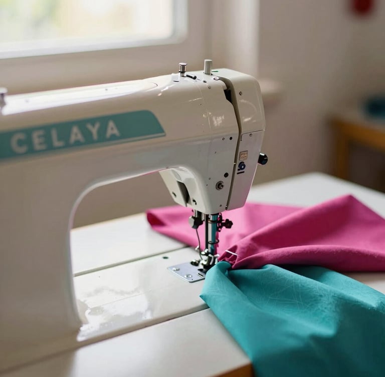 Close-up of a vintage sewing machine in a warm Celaya workshop, colorful teal and magenta fabrics on the table, bright natural morning light, shallow depth of field, 35mm editorial photography