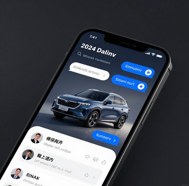 High-fidelity mobile UI mockup of a smartphone screen displaying an active chat widget. The chat shows an operator matching a 2024 SUV inventory item with pricing, electric blue accents, glowing screen light against a dark background.