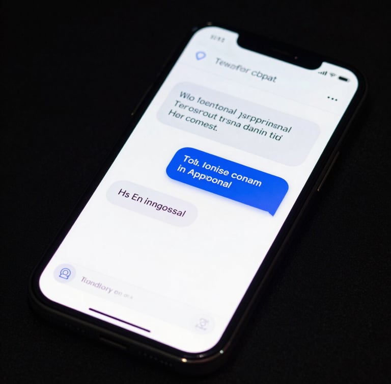 High-fidelity UI mockup of the chat widget on a mobile screen, vibrant screen glows, high-contrast studio lighting, showing a conversation about a trade-in appraisal.