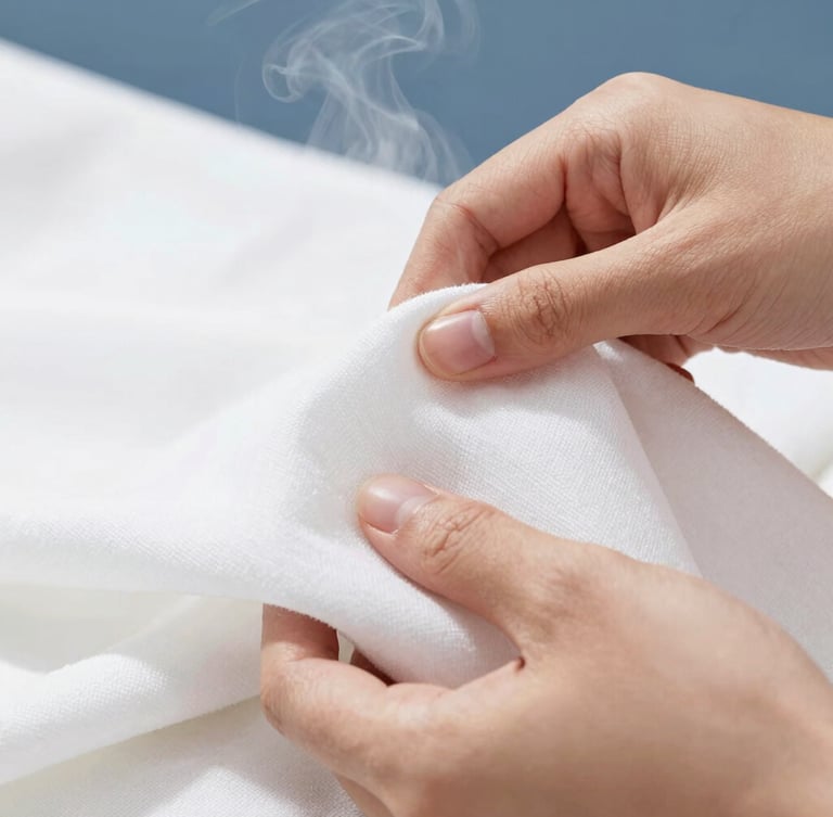 Close-up macro shot of hands gently sorting premium clean white cotton fabric, steam rising softly in the background, soft natural side lighting, sharp focus on fabric weave.