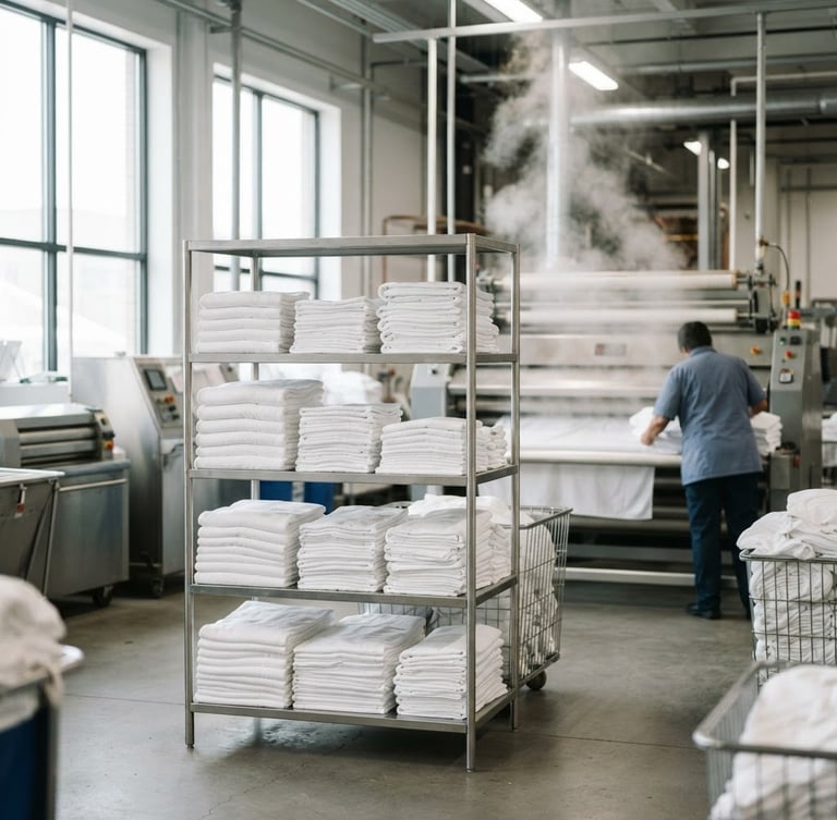 Bright natural daylight illuminating a modern high-capacity laundry facility, neatly stacked crisp white linens on a stainless steel shelf, professional ironer steam rising softly in the background, sharp focus, 35mm lens.