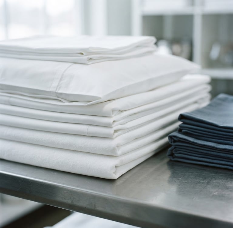 Macro shot of neatly folded crisp white linens stacked on a steel table, bright cool daylight, sharp focus, 35mm lens
