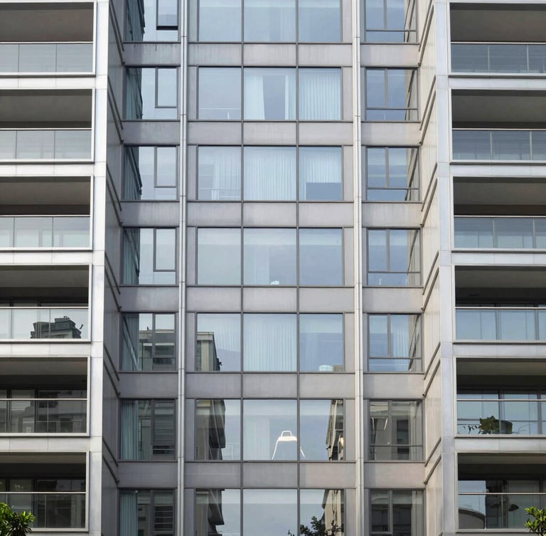 Symmetric architectural photography of a modern glass and steel facade in São Paulo, bright natural daylight reflecting off clean surfaces, 35mm