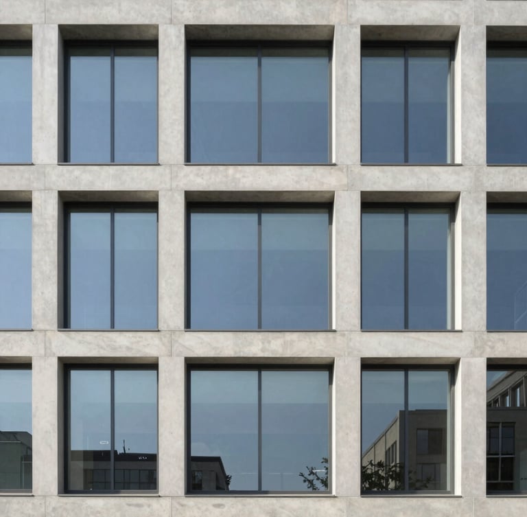Architectural photography of a modern concrete and glass building facade, clean straight lines, symmetric framing, bright afternoon light reflecting off the glass, high-end real estate, 35mm