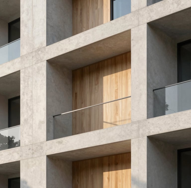 Elegant close-up architectural photography of high-end concrete and natural wood textures on a building facade, soft afternoon sunlight, clean lines, 35mm