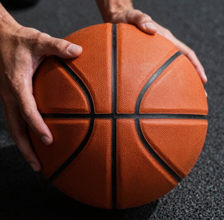 Close-up macro shot of hands gripping a worn orange leather basketball with sharp black seams, dramatic overhead court lighting, dark asphalt background.