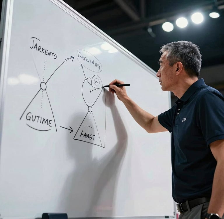 Low-angle heroic shot of a basketball coach drawing tactical plays on a whiteboard, intense stadium lighting, sharp shadows, high-contrast.