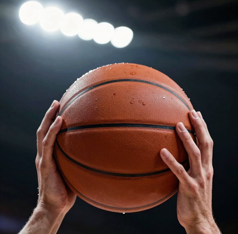 Tight macro crop of a player's hands gripping a worn leather basketball, sweat droplets on skin, high-contrast dramatic overhead stadium lighting, deep charcoal background.
