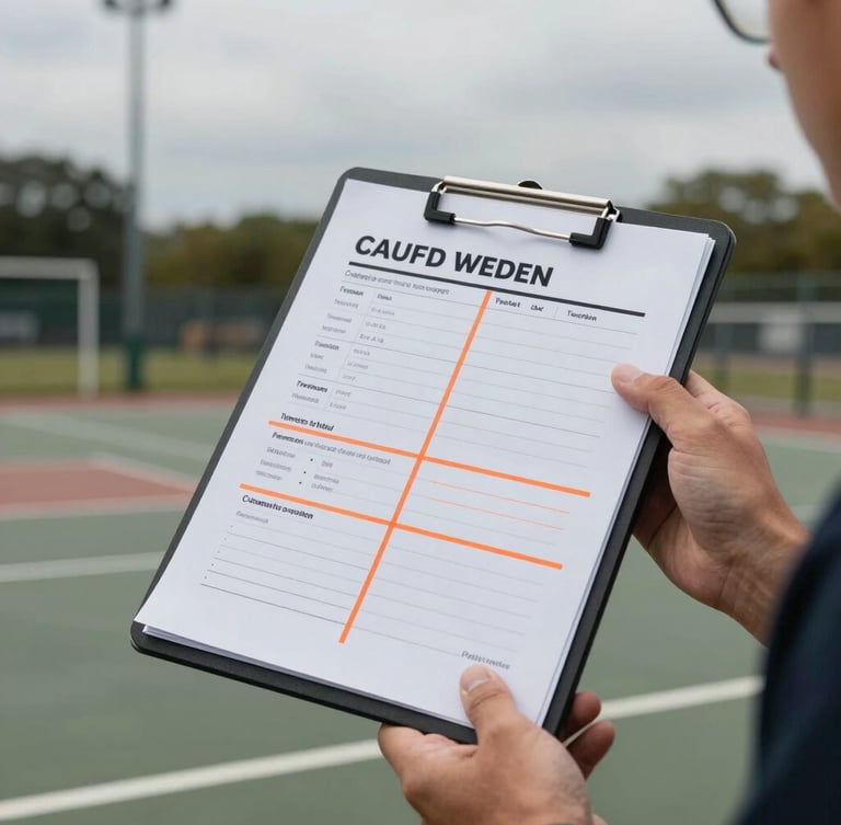 A tactical clipboard with orange court-lines drawn on it, held by a coach's hand, raw overcast outdoor court daylight, focused on the playbook details.