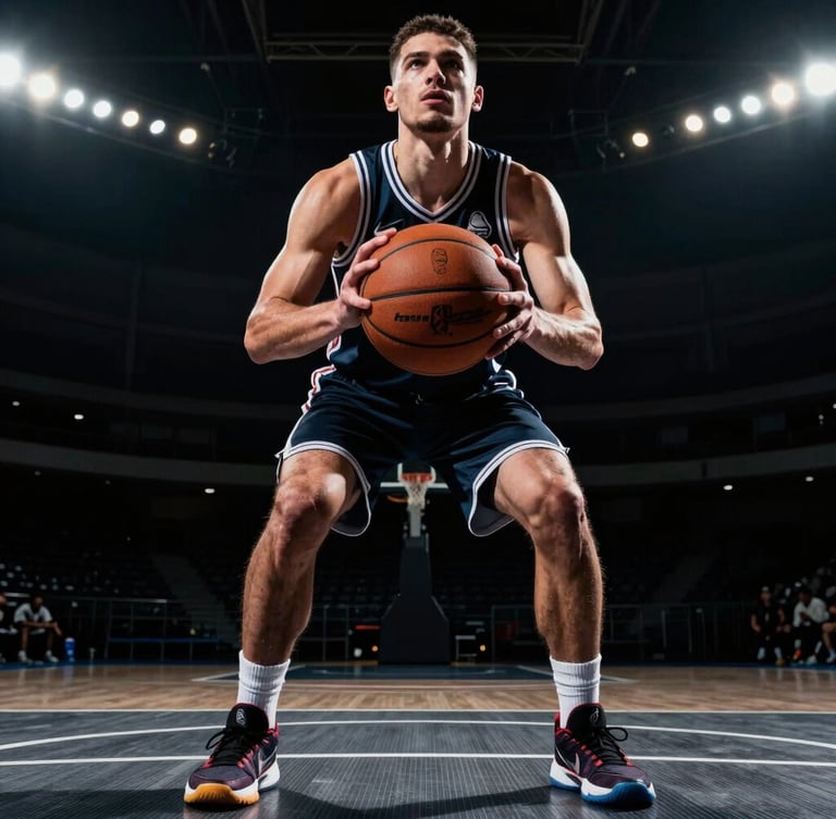 Low-angle heroic shot of a basketball player mid-drive under dramatic stadium lighting, hands gripping a worn leather ball, dark asphalt court background.